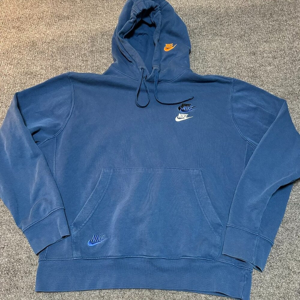 Nike Sportswear Blue Mens Medium Essential Futura Pullover Hoodie Multi Logo
